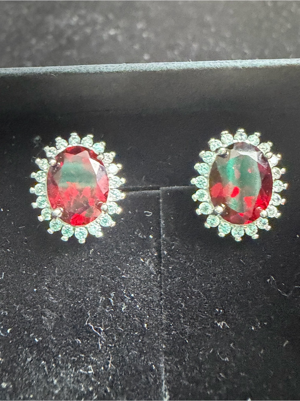 Sparkling Red Oval Halo Sterling Stud Earrings - Women Jewelry